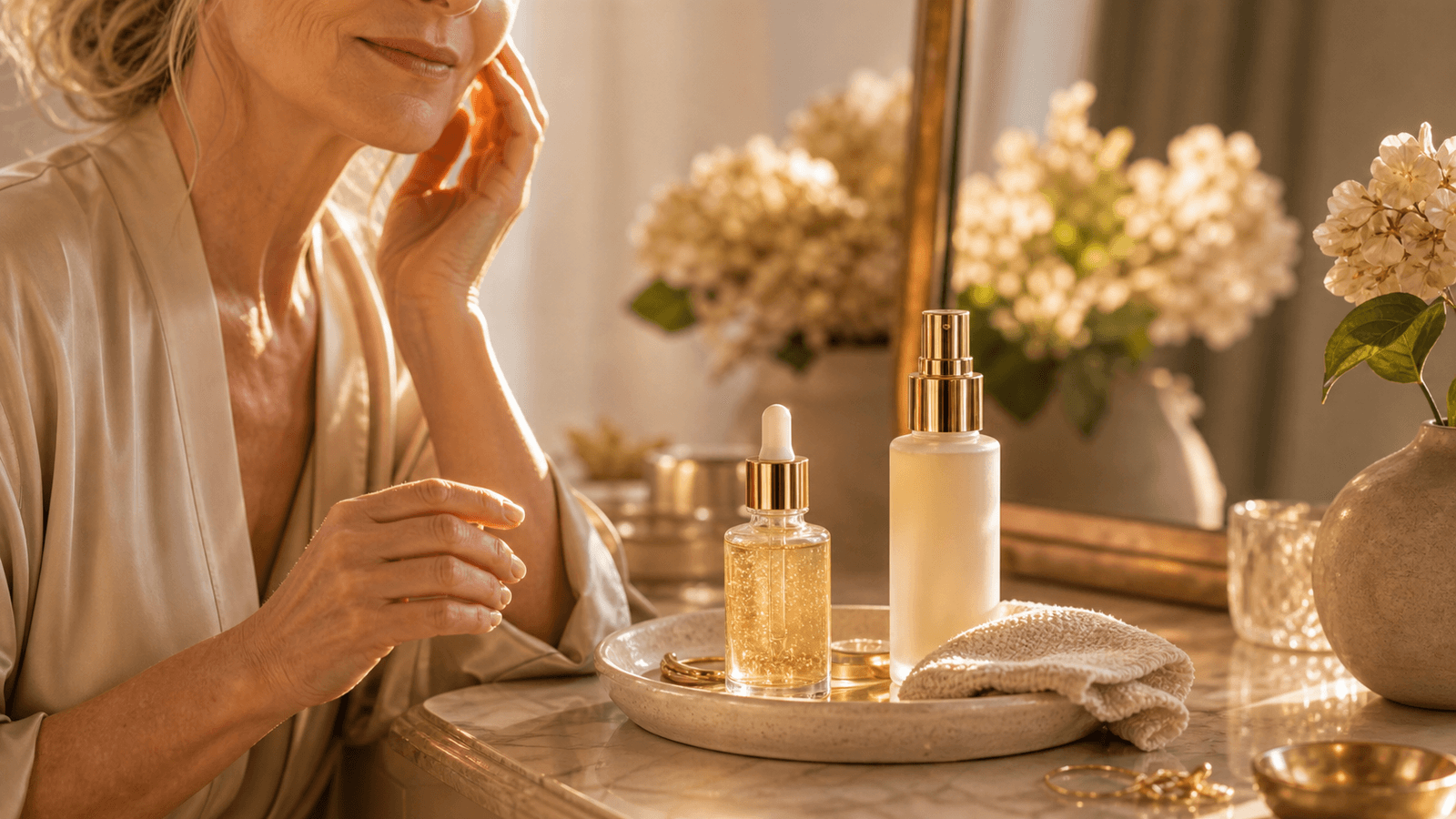 Beauty desk con texture siero e dettaglio labbra naturale