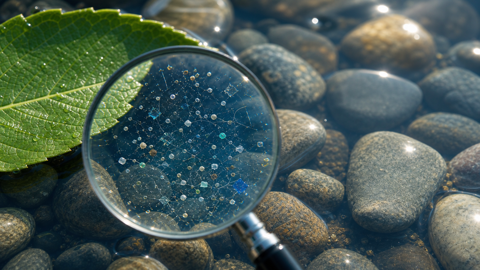 Microplastiche osservate in acqua con lente in un contesto naturale