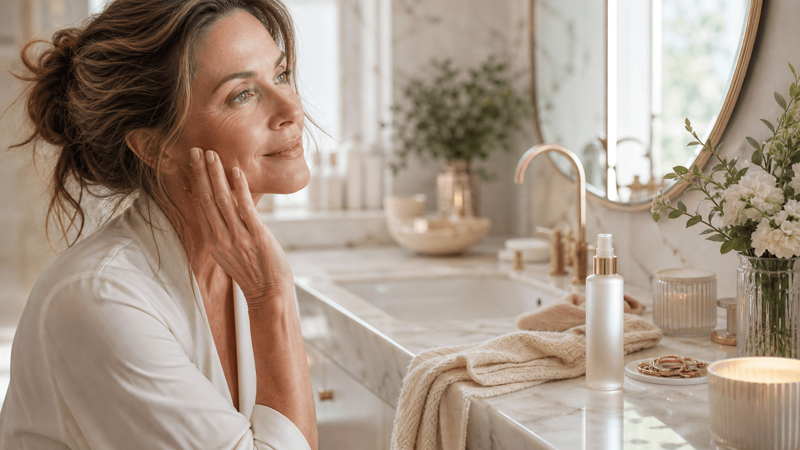 Gesto delicato sul contorno occhi in routine skincare luminosa
