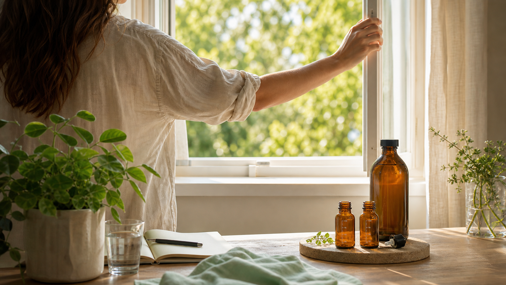 Ambiente domestico sano con luce naturale, piante e flacone riutilizzabile