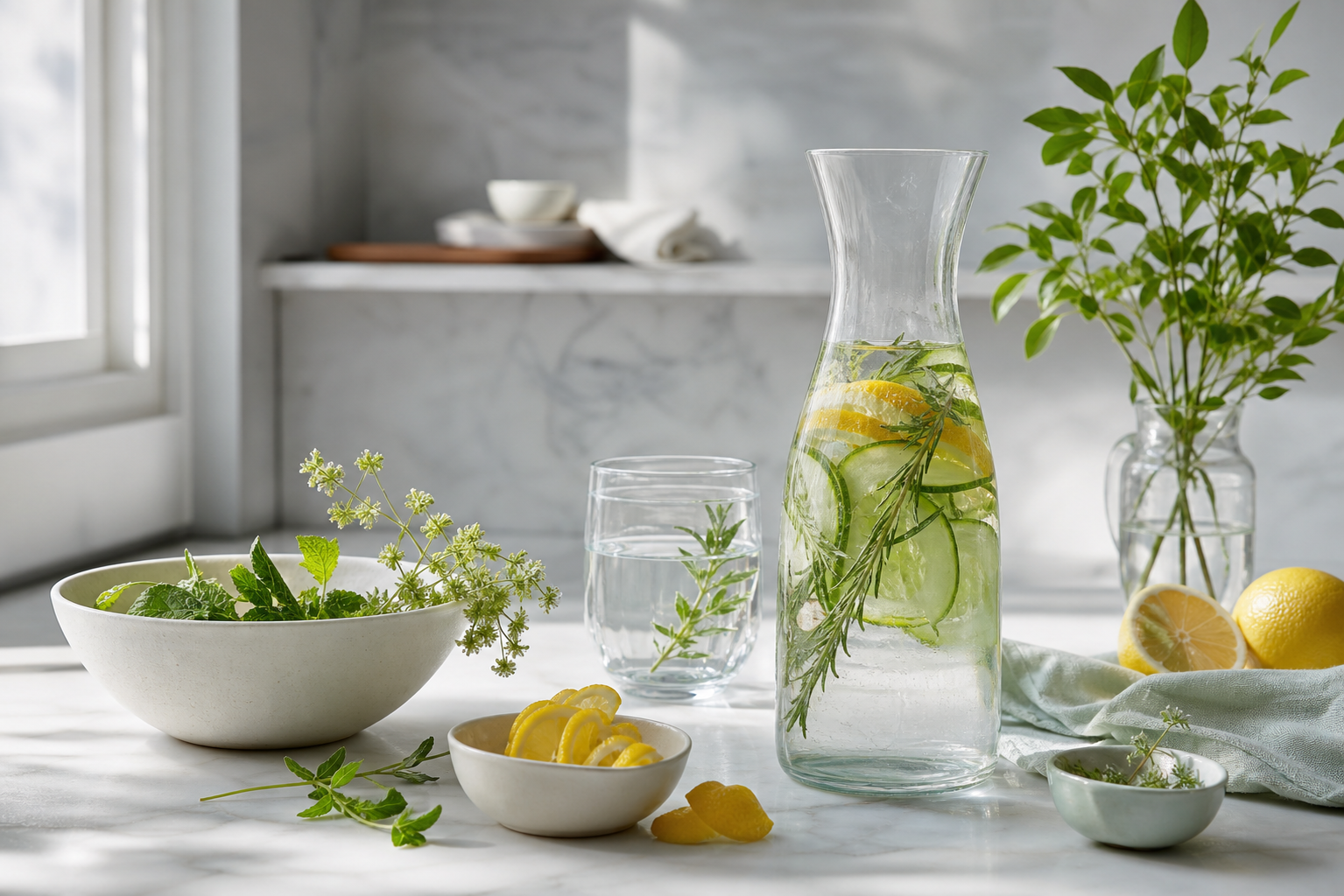 Routine detox leggera con acqua, erbe e agrumi