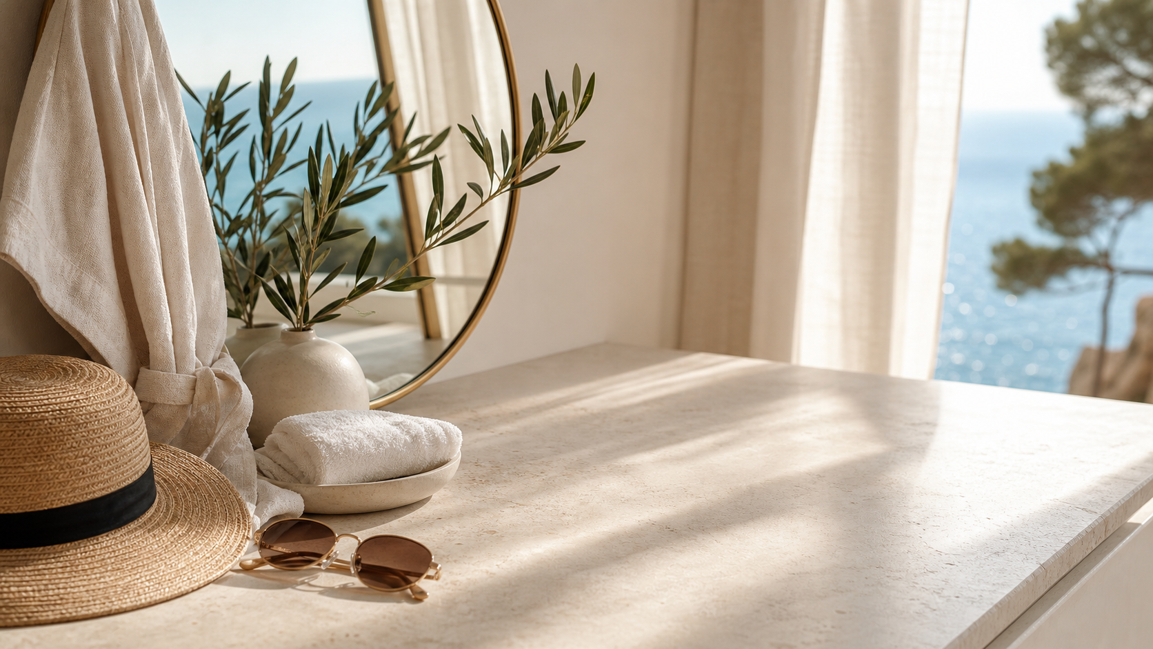 Routine anti-age estiva davanti allo specchio con luce mediterranea