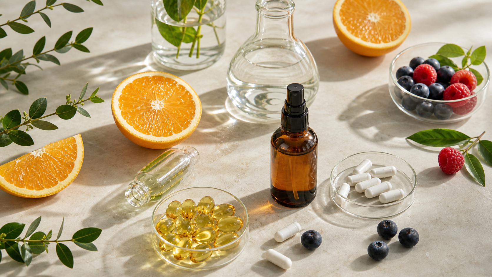 Routine antiossidante con agrumi, capsule e flaconi Biomed