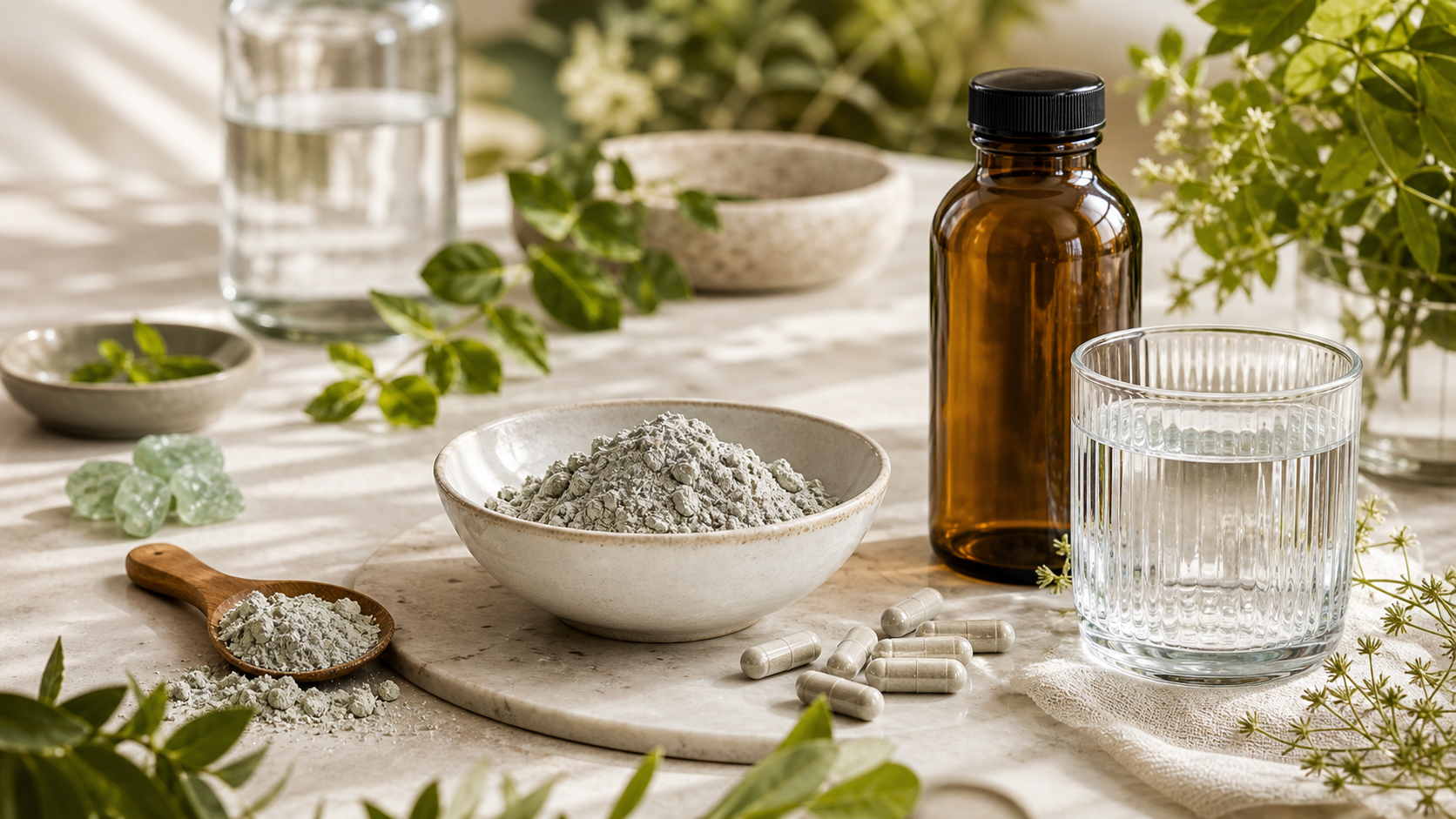 Routine detox quotidiana con minerali naturali, acqua e flaconi Biomed