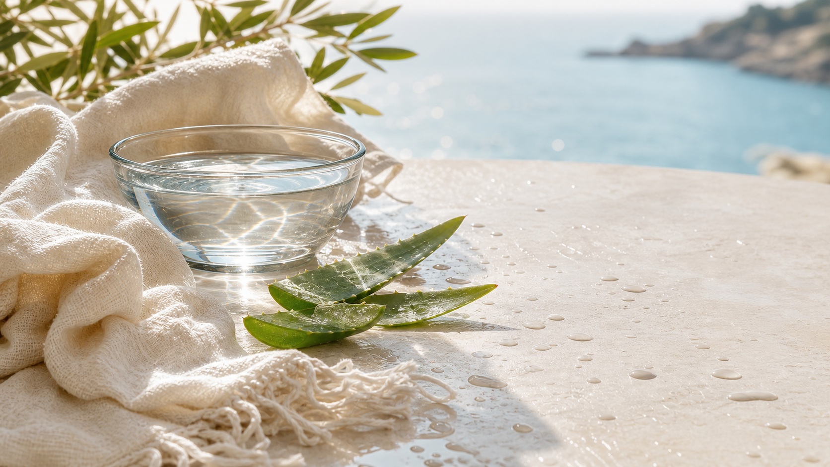 Pelle idratata sotto il sole con acqua, lino e aloe