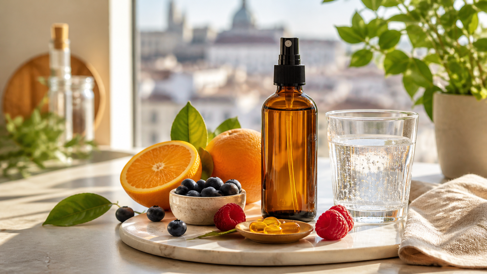 Routine antiossidante con Q10, acqua e frutta fresca