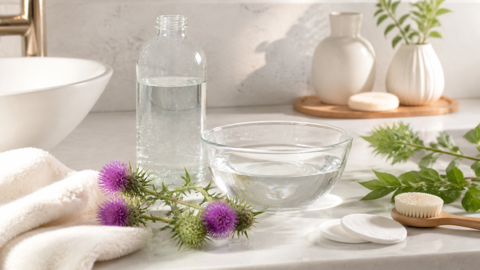 Routine pelle prudente con acqua e Cardo Mariano botanico