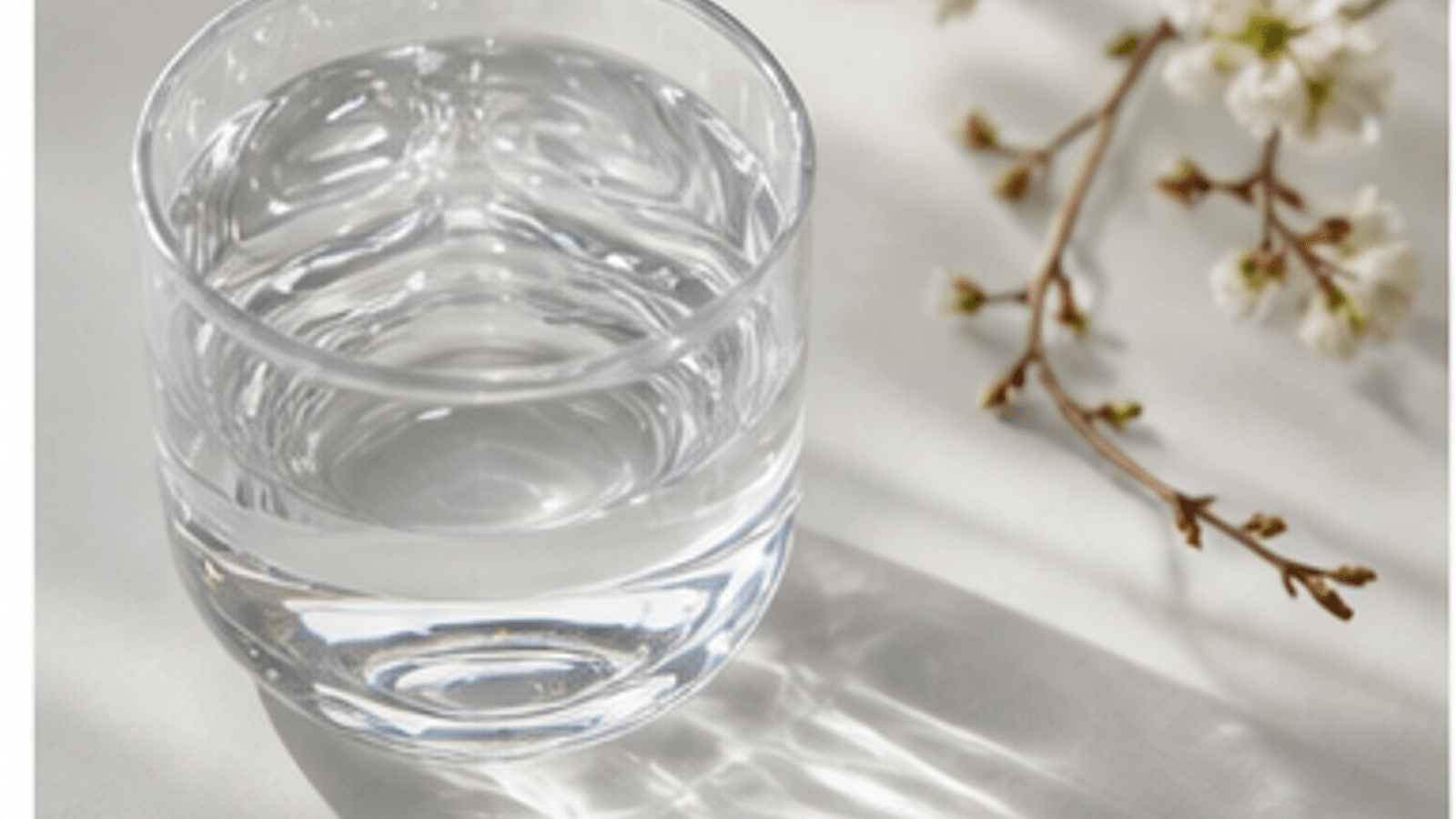 Routine antiossidante con acqua, fiori chiari e luce naturale