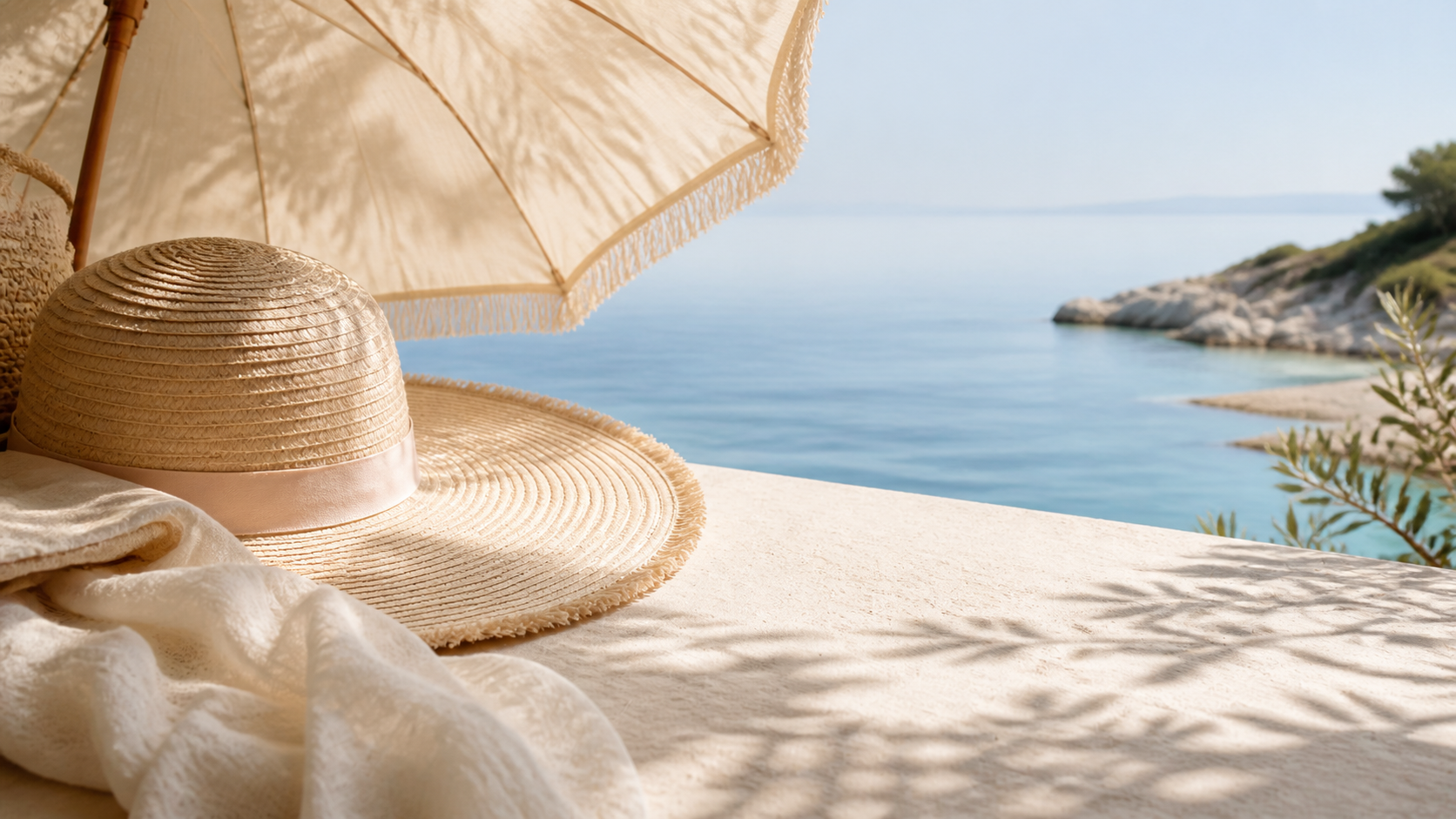 Cappello e ombrellino in riva al mare per pelle chiara protetta