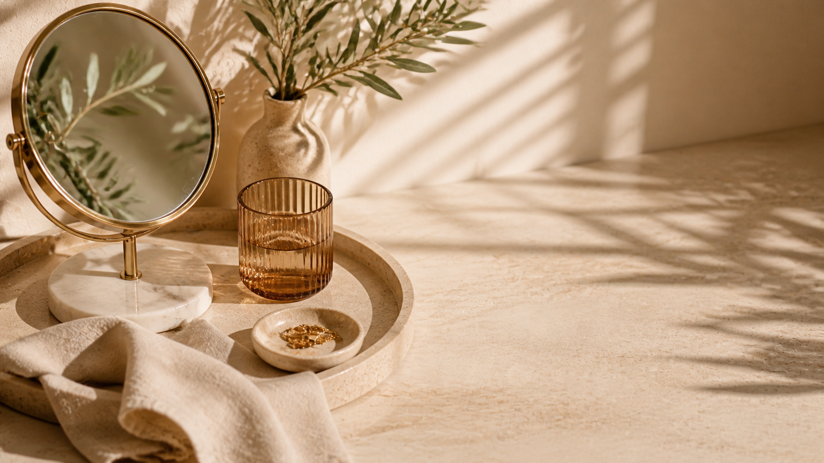 Vanity skincare con specchio e luce morbida per prevenzione macchie solari