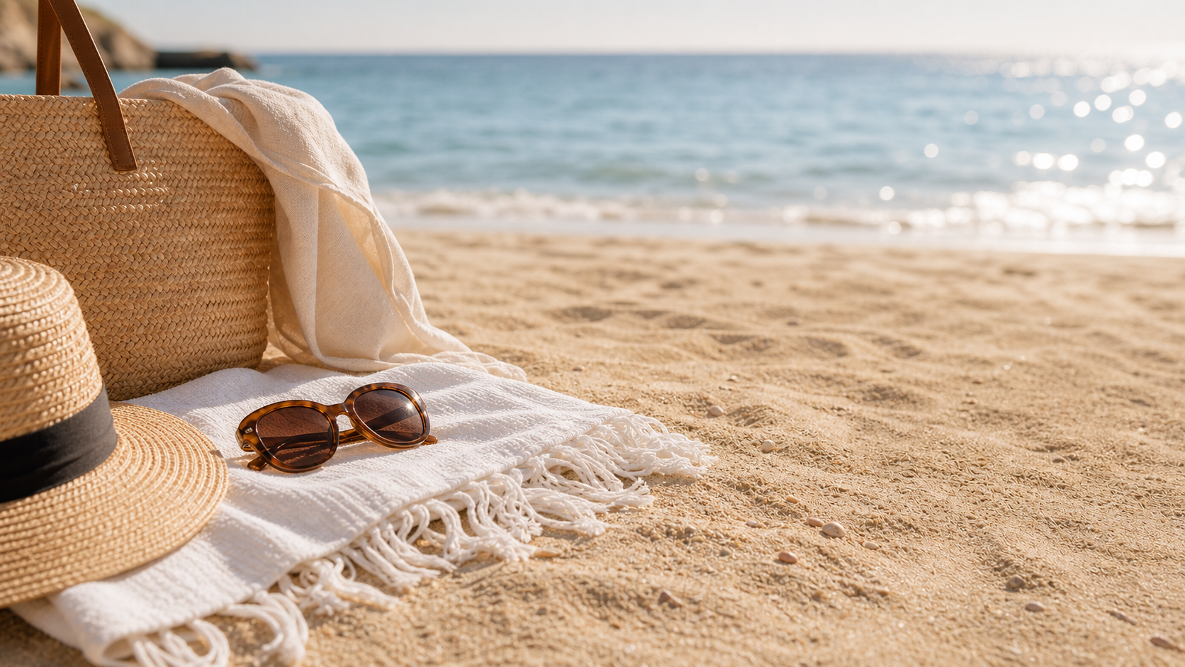 Spiaggia italiana con borsa mare e accessori per protezione solare