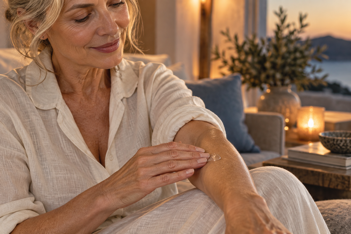 Applicazione delicata di gel cosmetico sulla pelle dell’avambraccio