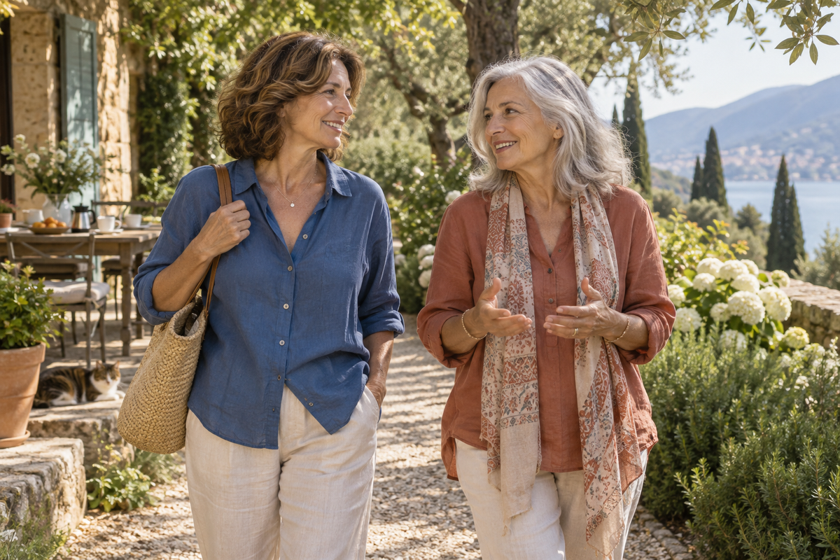 Due donne adulte passeggiano e conversano in un giardino