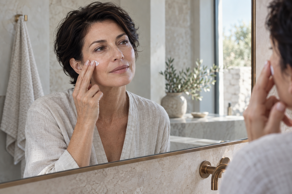 Un gesto di skincare sul viso davanti allo specchio
