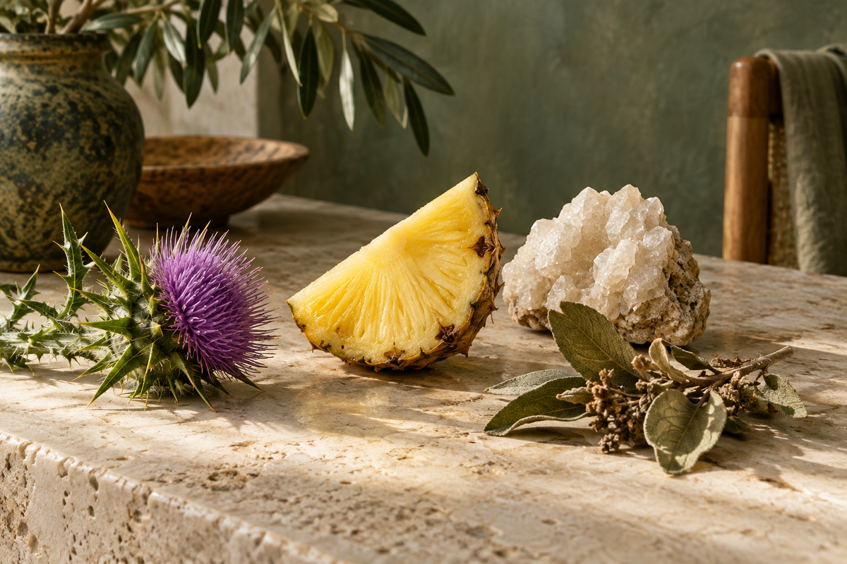 Cardo, ananas, minerale e botanici disposti separatamente su un tavolo