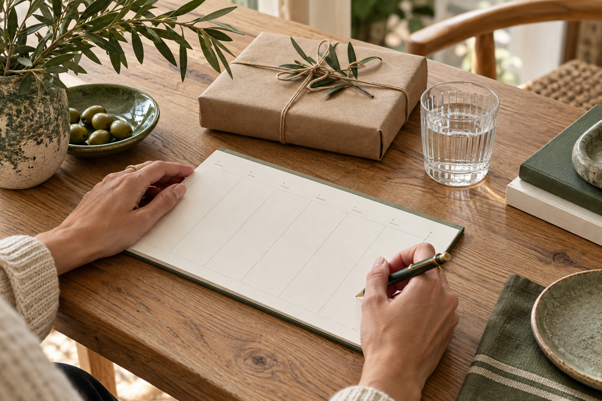 Mani che preparano un’agenda accanto a una confezione e a un bicchiere d’acqua