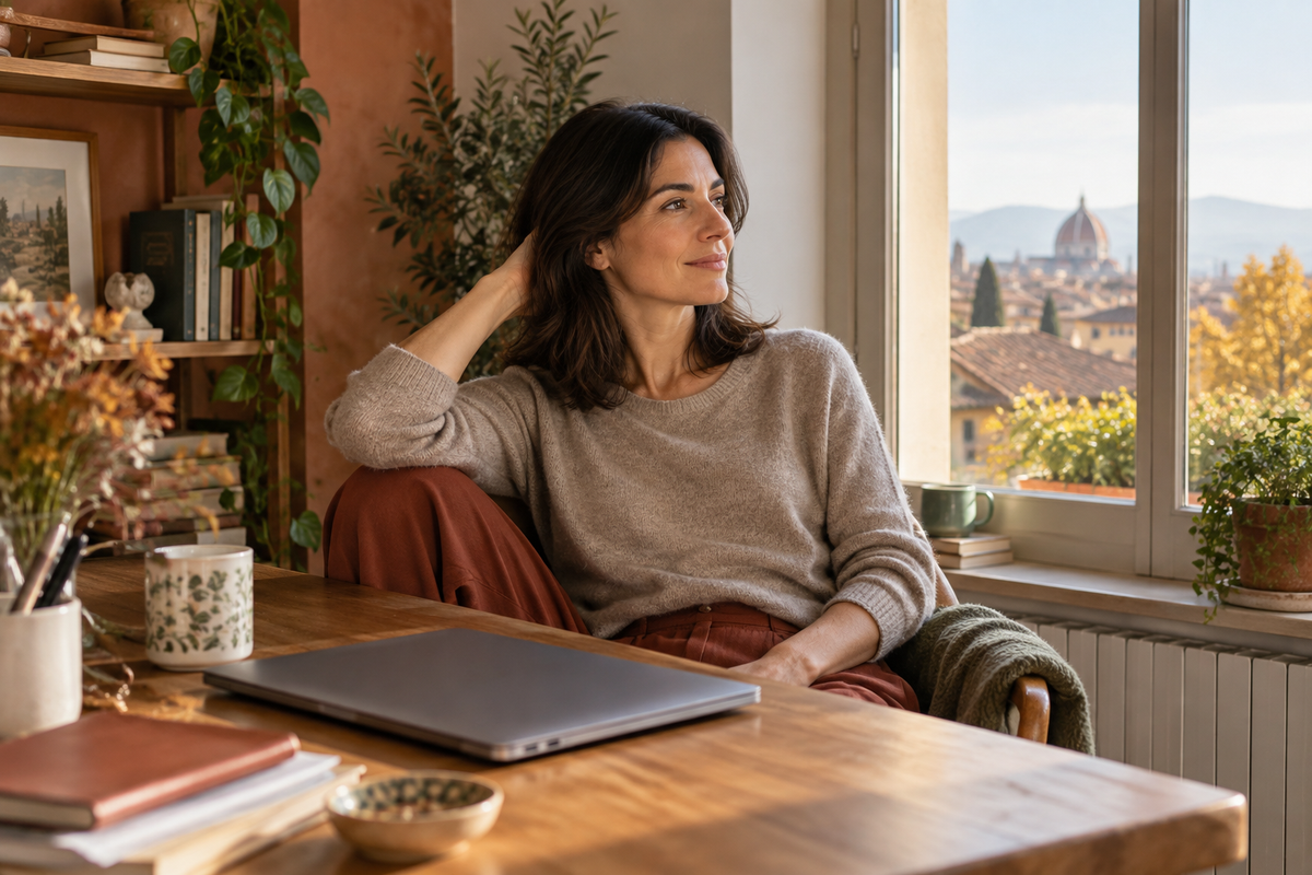 Donna che si concede una pausa accanto alla finestra dopo aver chiuso il computer