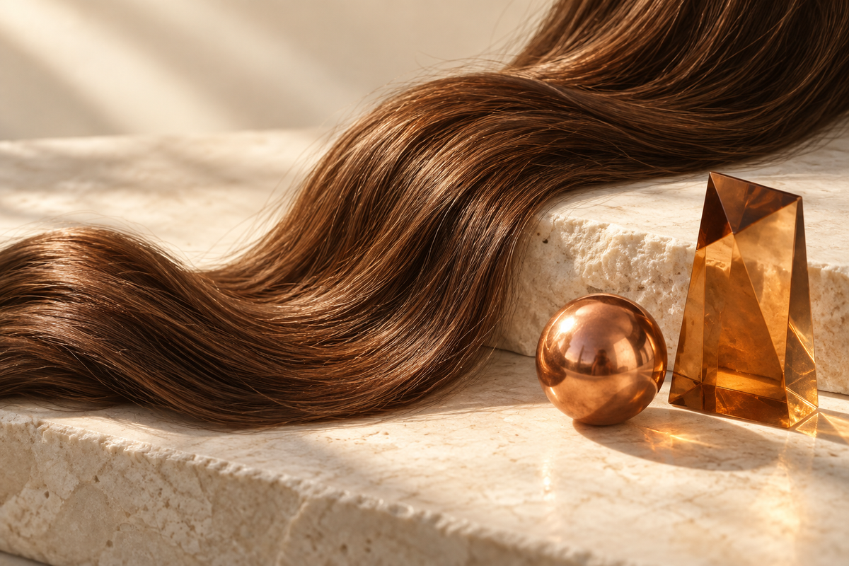 Ciocca di capelli castani e piccola sfera di rame su una superficie chiara