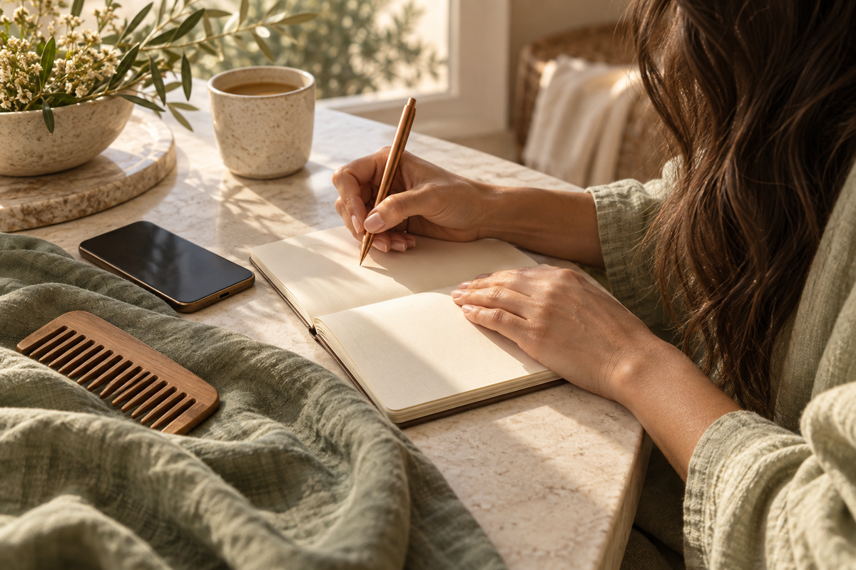 Mani che annotano un promemoria in un quaderno accanto a un pettine