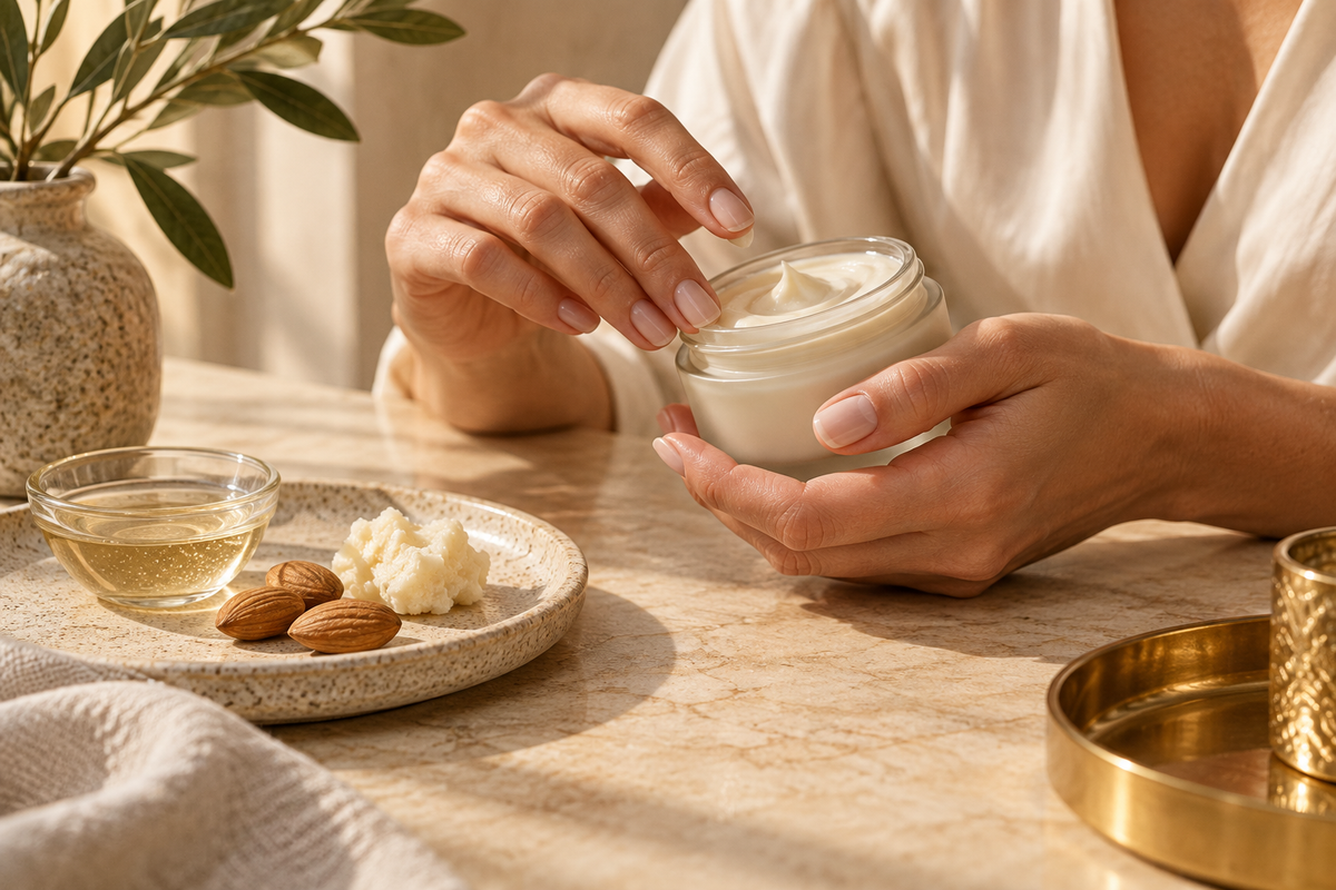 Gesto cosmetico con crema, mandorle e burro di karité in una composizione editoriale