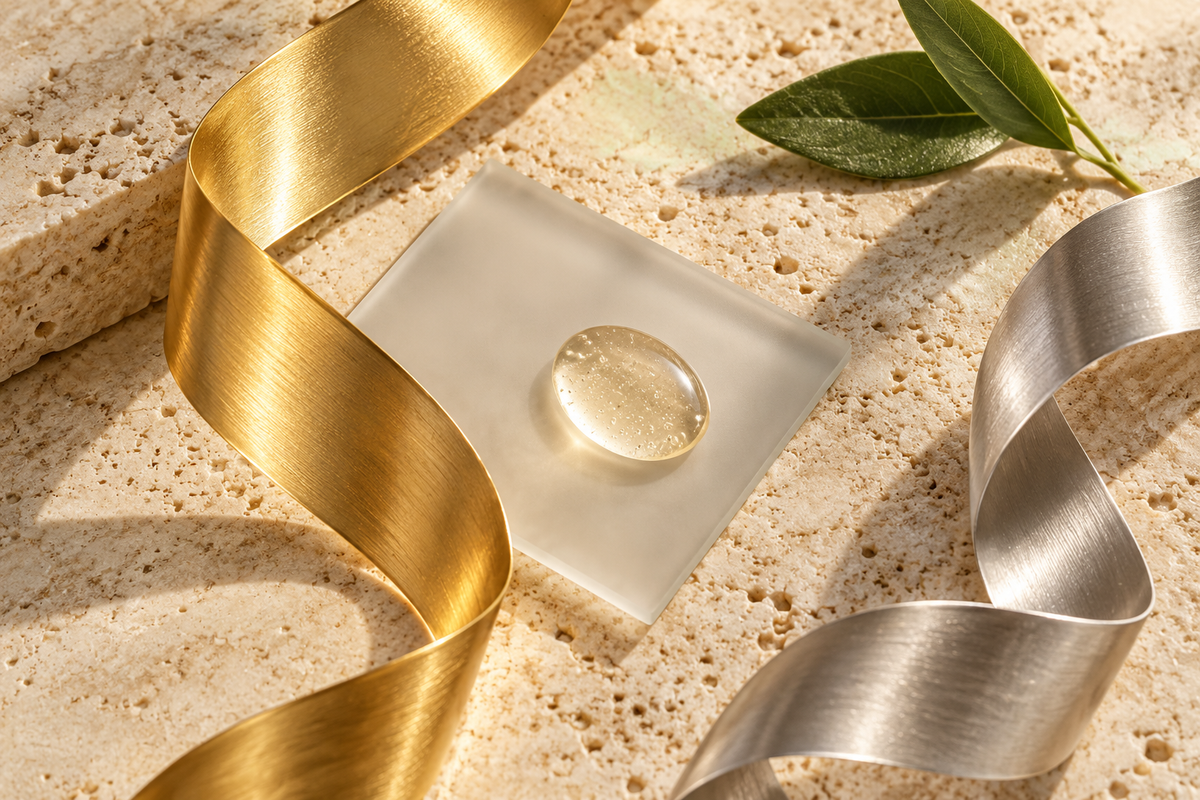Nastri decorativi color oro e platino accanto a una goccia di siero su vetro