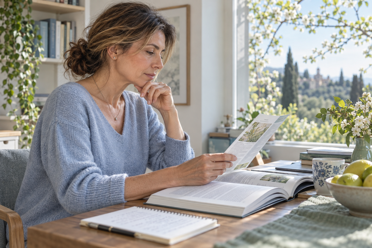 Donna che confronta informazioni scritte accanto a un libro aperto