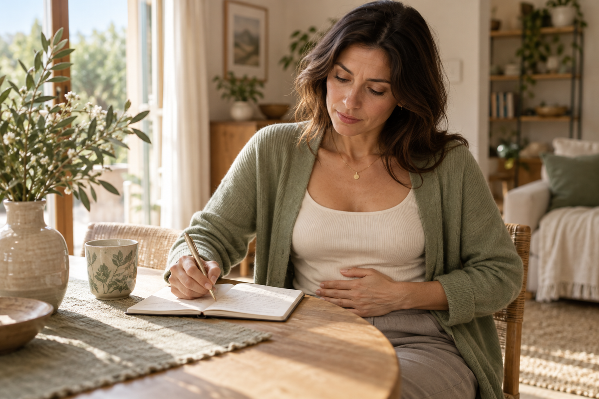 Donna che annota sul quaderno quando compare un fastidio addominale