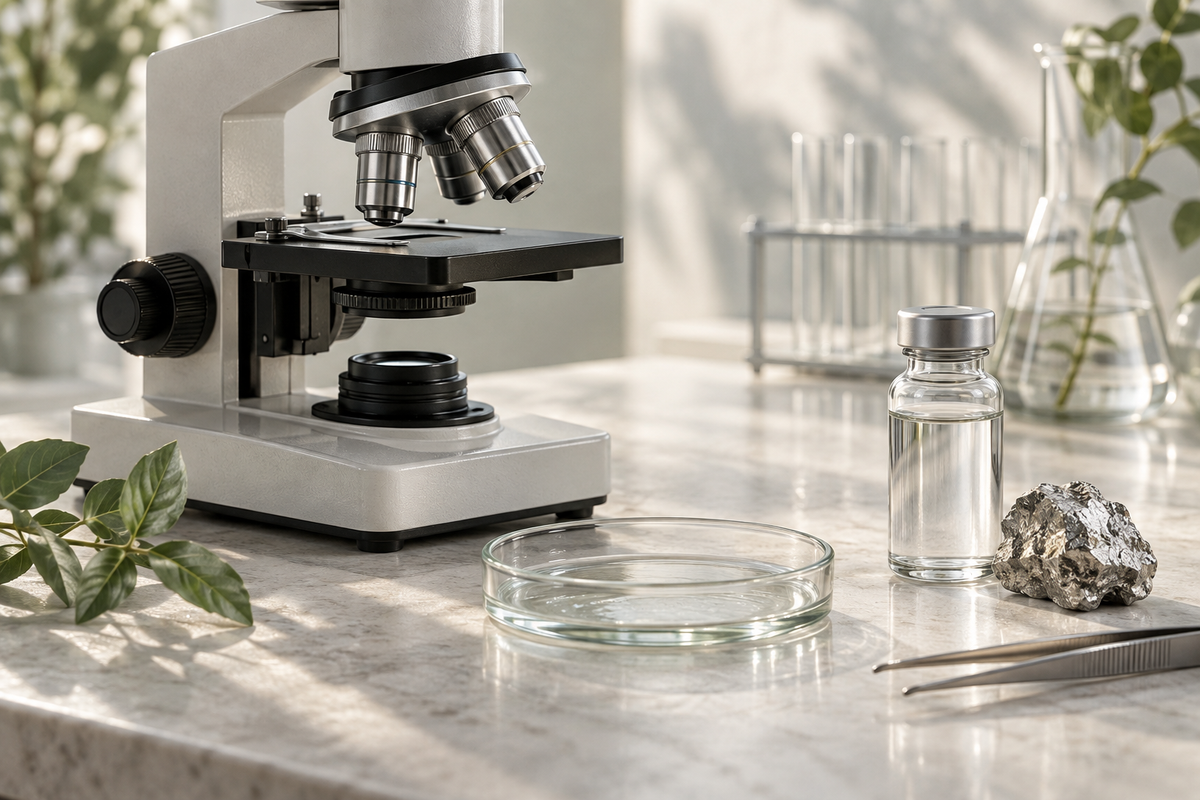 Microscopio e strumenti di laboratorio: illustrazione editoriale della ricerca sull’argento