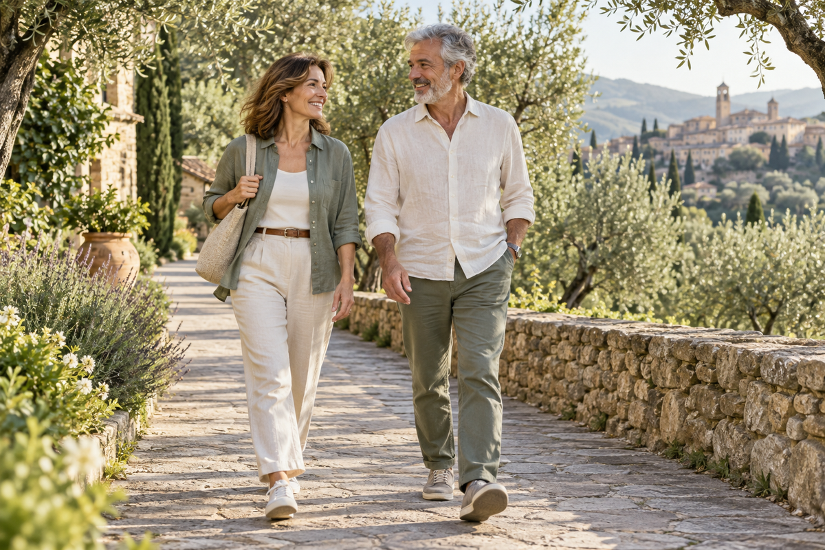 Due adulti camminano su un sentiero fra ulivi per la guida al benessere articolare