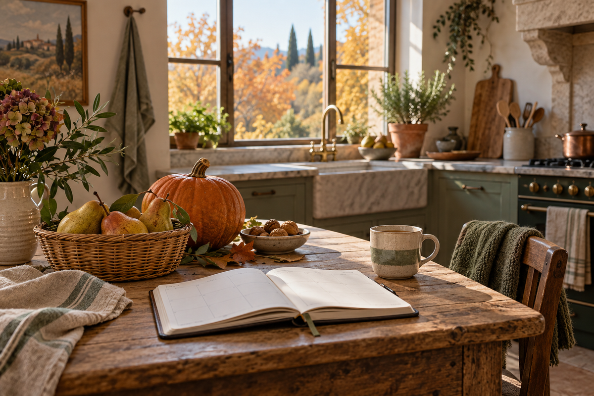 Cucina autunnale con dispensa e agenda per organizzare le abitudini