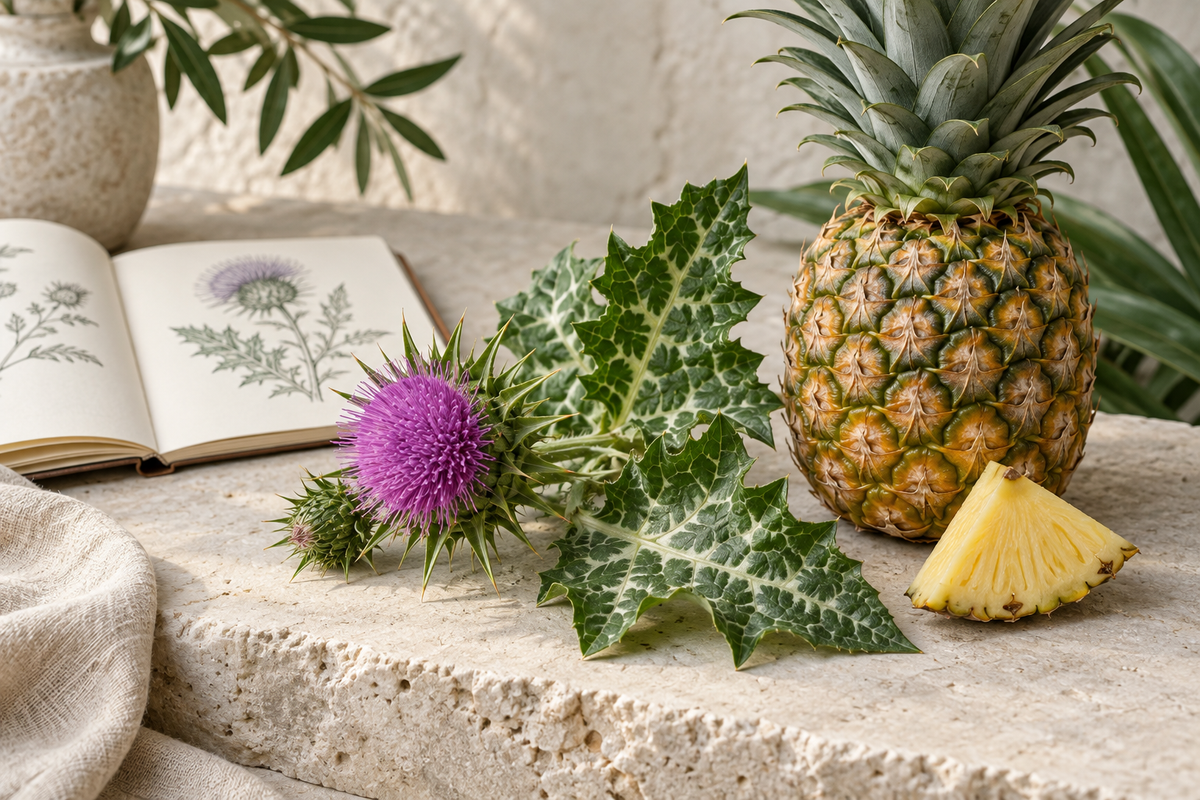 Cardo mariano e ananas accanto a un quaderno botanico per confrontare gli ingredienti