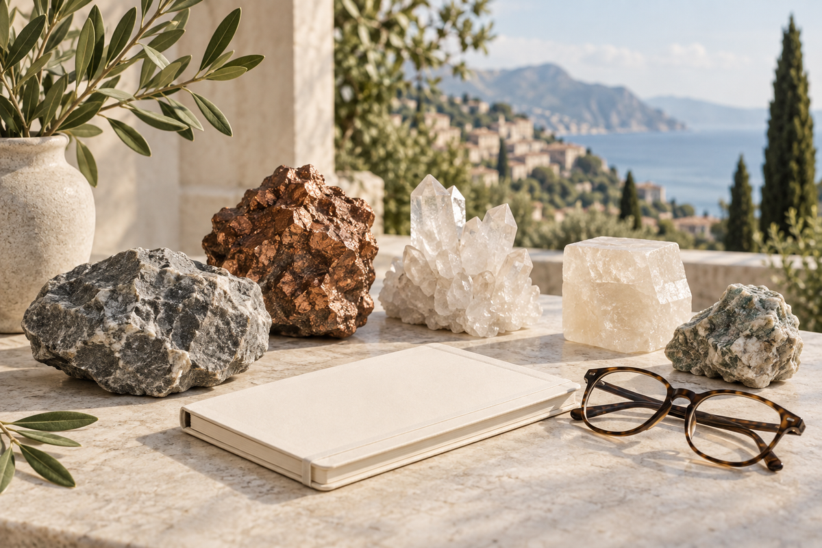 Campioni minerali, quaderno e occhiali per la guida alla lettura dei prodotti minerali
