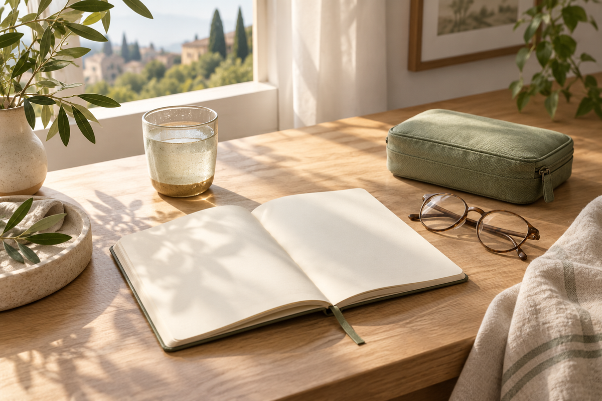 Quaderno, occhiali e custodia da viaggio per organizzare le istruzioni dei prodotti