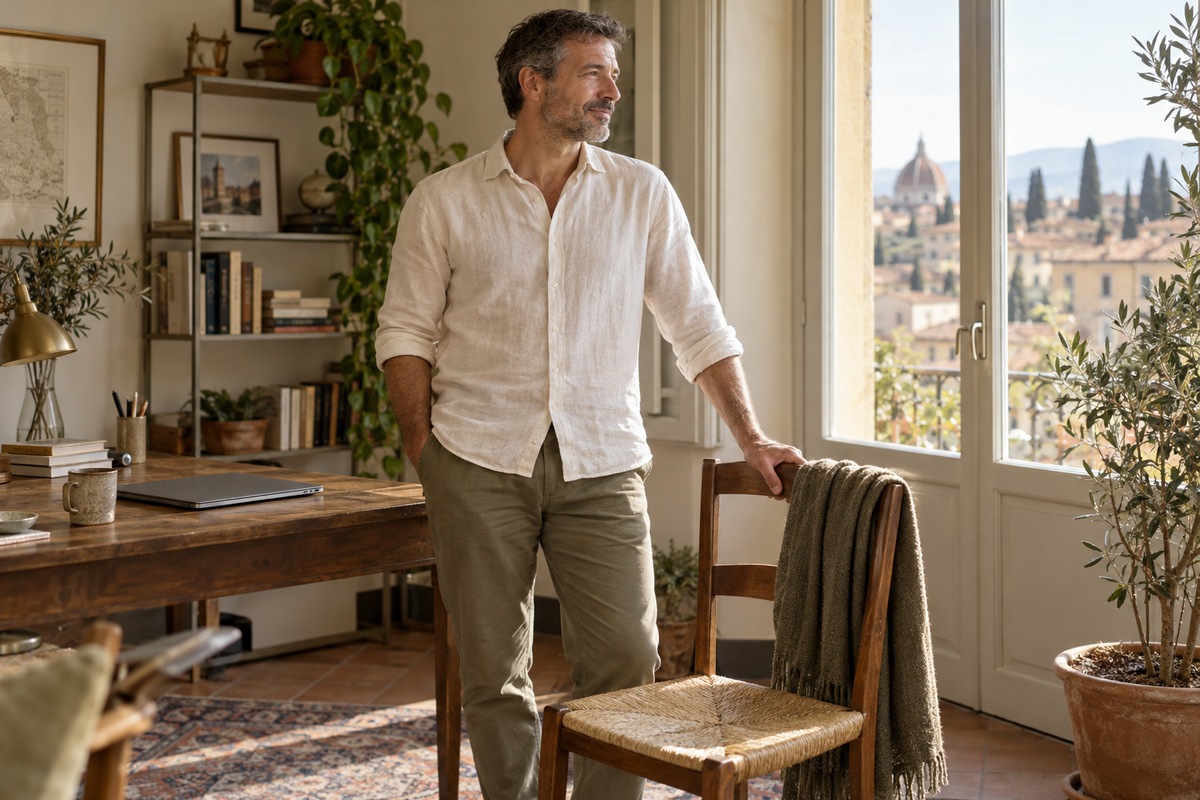 Uomo in pausa in piedi accanto alla sedia e alla finestra