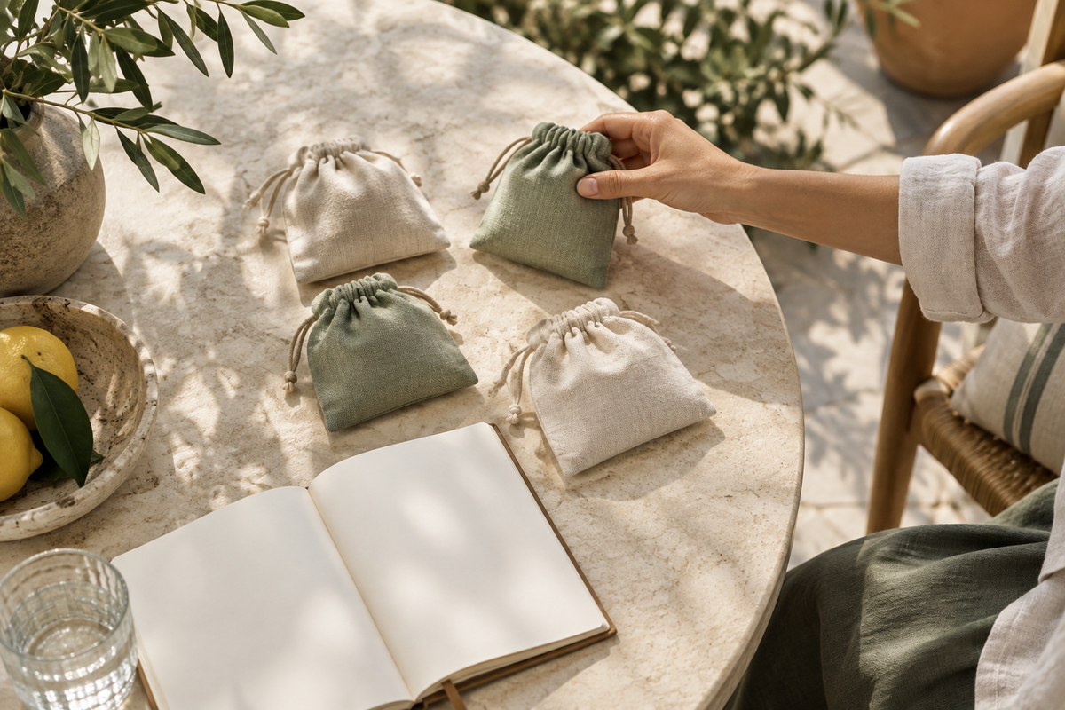 Mano che sceglie un astuccio tra quattro accanto a un quaderno aperto