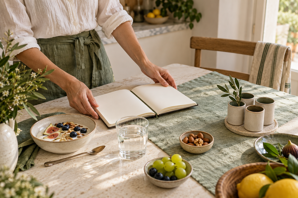 Preparazione della routine del mattino con quaderno, colazione e acqua