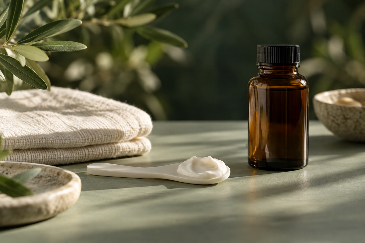 Crema su una spatolina, asciugamano avorio e flacone ambrato senza etichetta.
