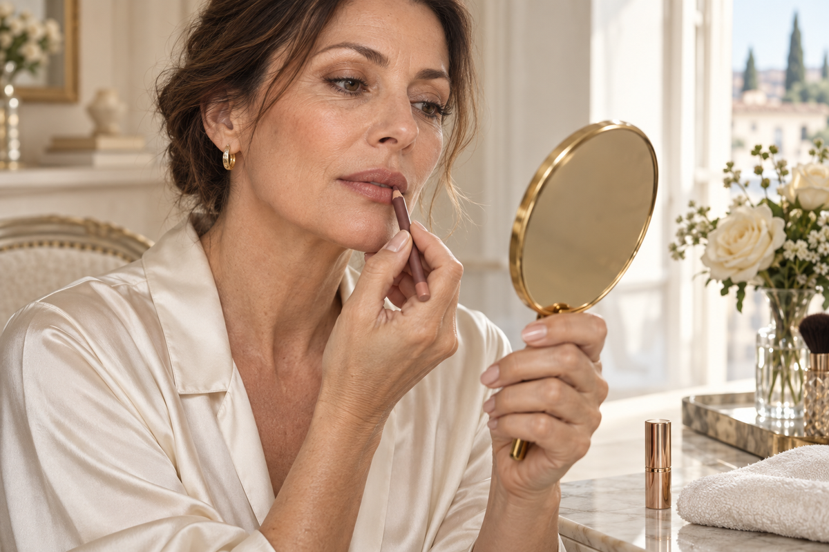 Preparazione del trucco labbra con matita e specchio in una routine beauty