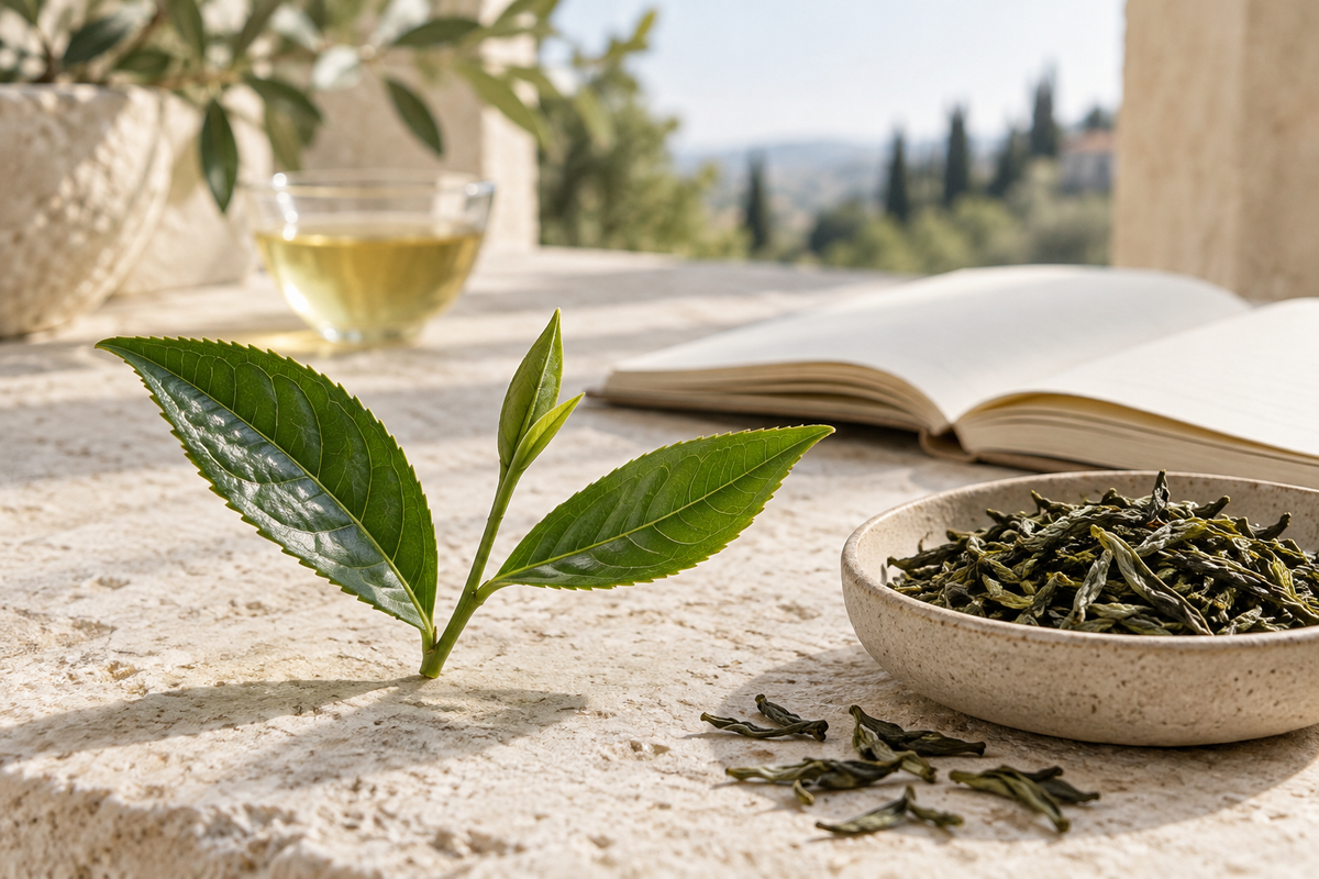 Foglie fresche e secche di tè in una composizione botanica