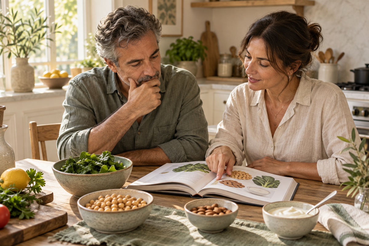 Coppia che legge una guida alimentare accanto a legumi, verdure e yogurt