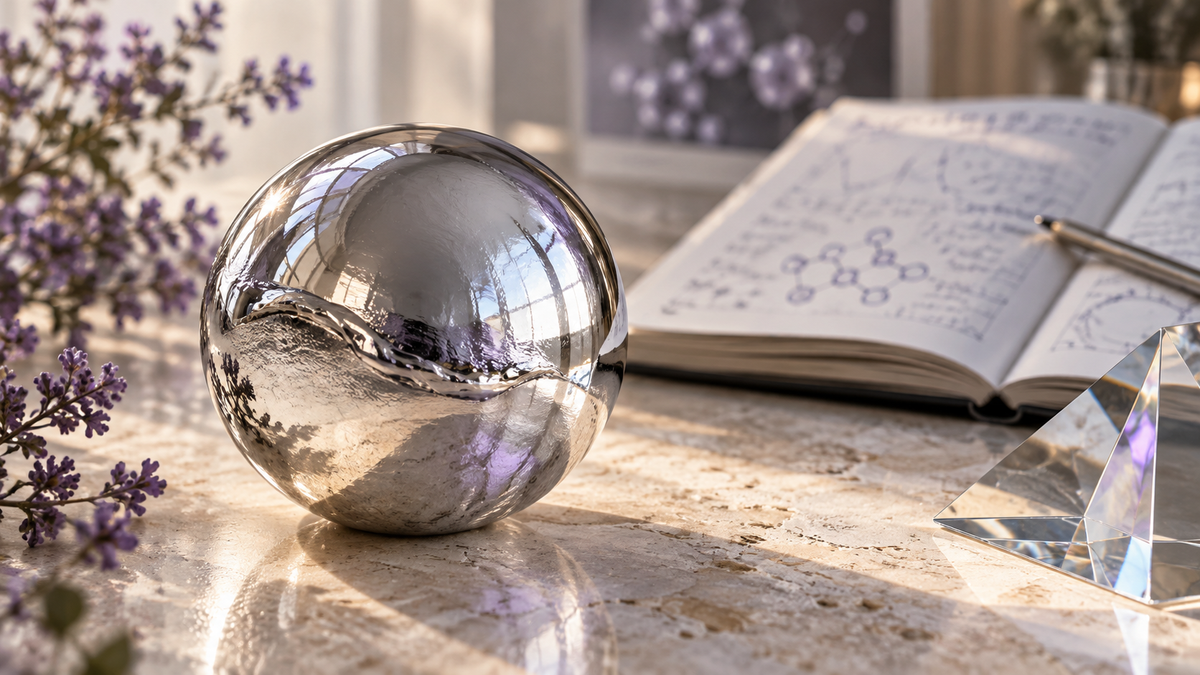 Composizione editoriale con sfera metallica, prisma e quaderno di ricerca