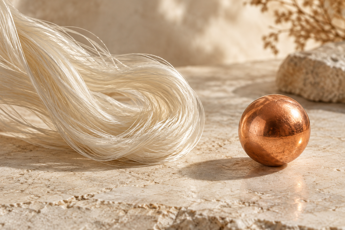Composizione simbolica con fibre chiare e una sfera di rame separate su pietra chiara