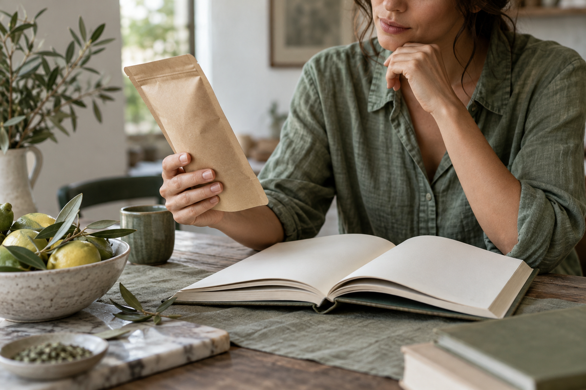 Persona che esamina una confezione accanto a un libro aperto