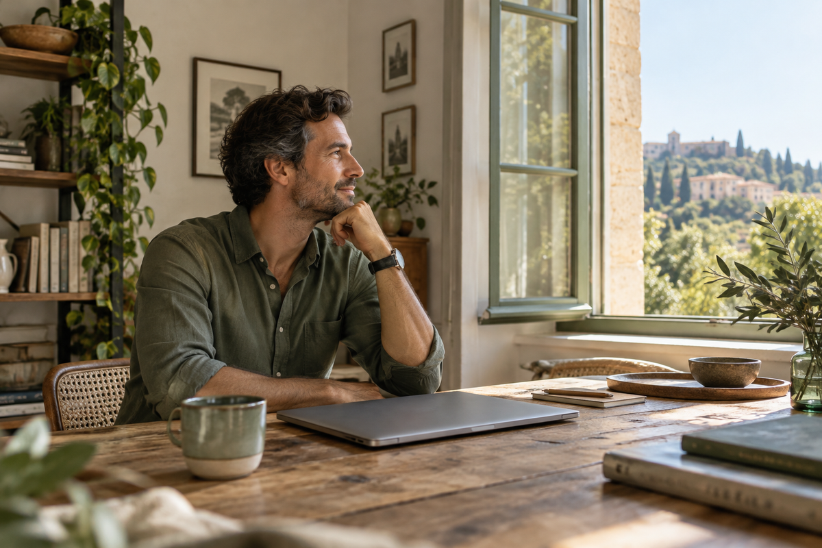 Uomo in pausa dal lavoro davanti a una finestra