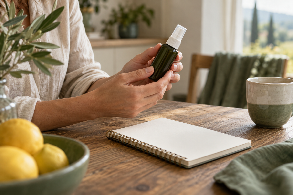 Mani che osservano un flacone spray accanto a un quaderno