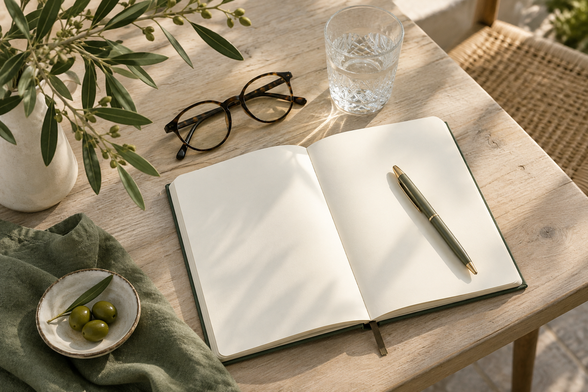 Quaderno, occhiali e penna per raccogliere le domande