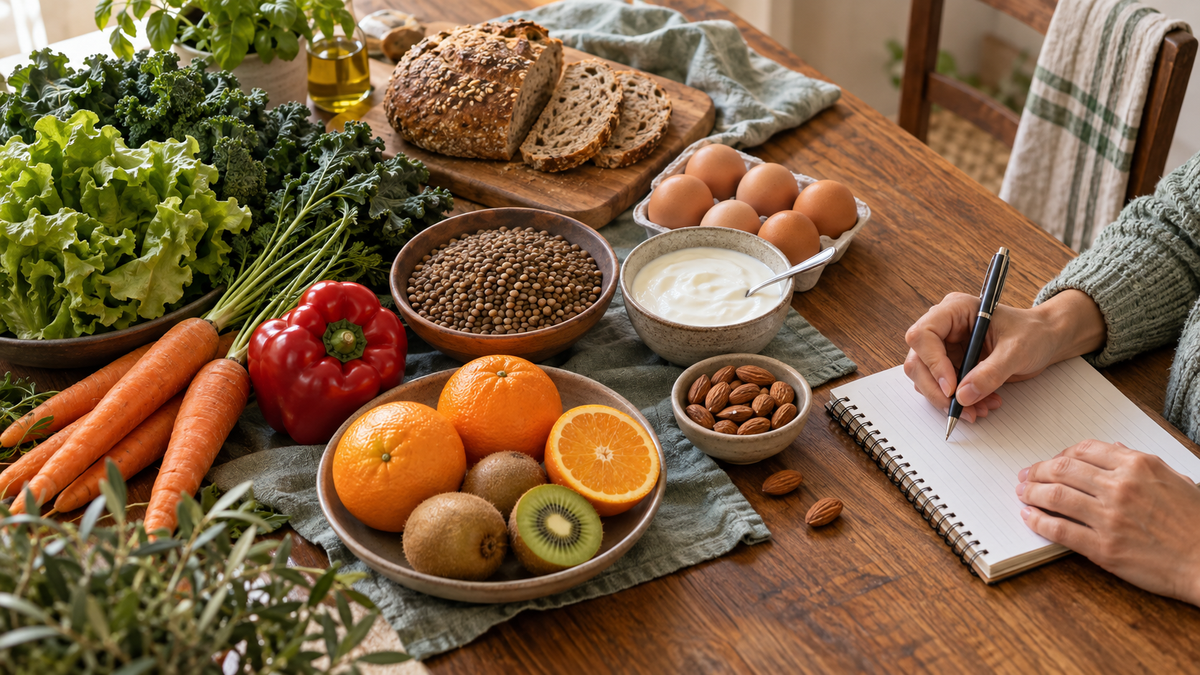 Alimenti vari e un quaderno per organizzare la spesa