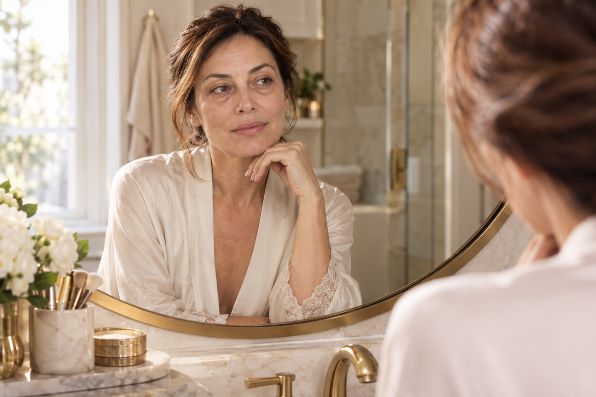 Donna davanti allo specchio nella luce del mattino, con contorno occhi naturale