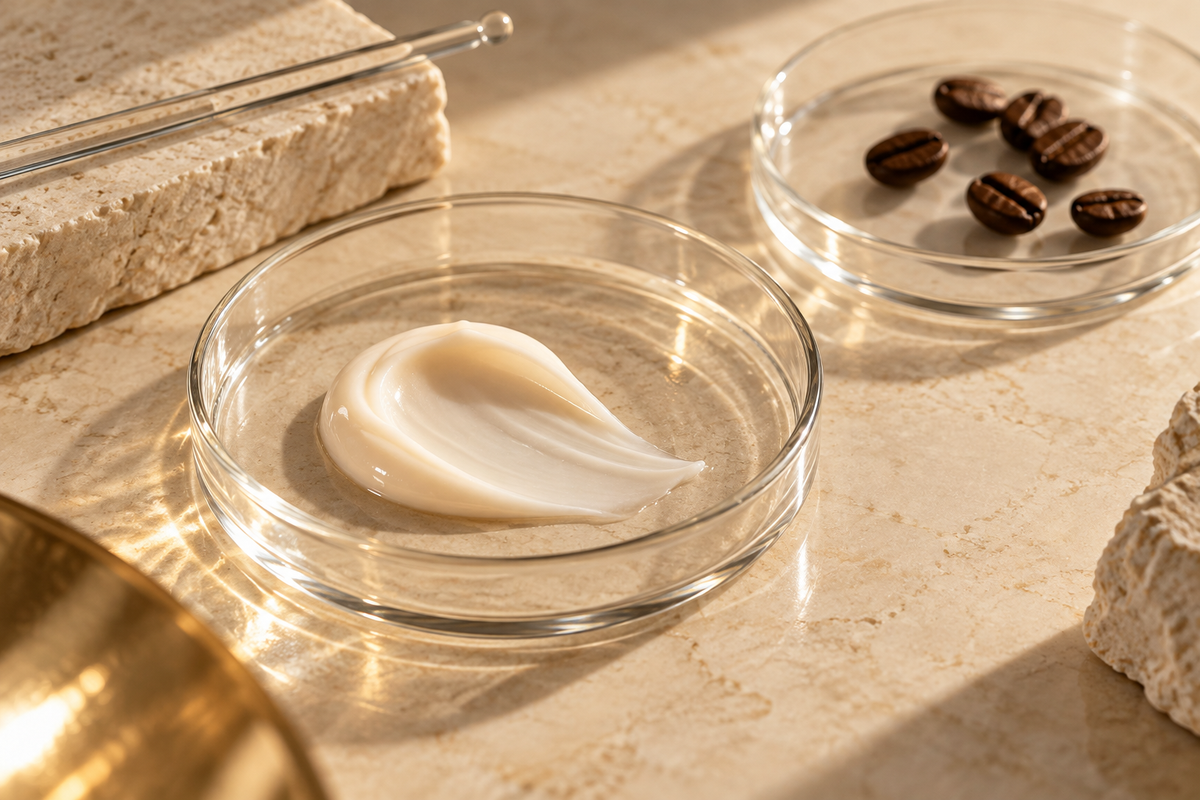 Texture cosmetica e chicchi di caffè in recipienti separati su pietra chiara