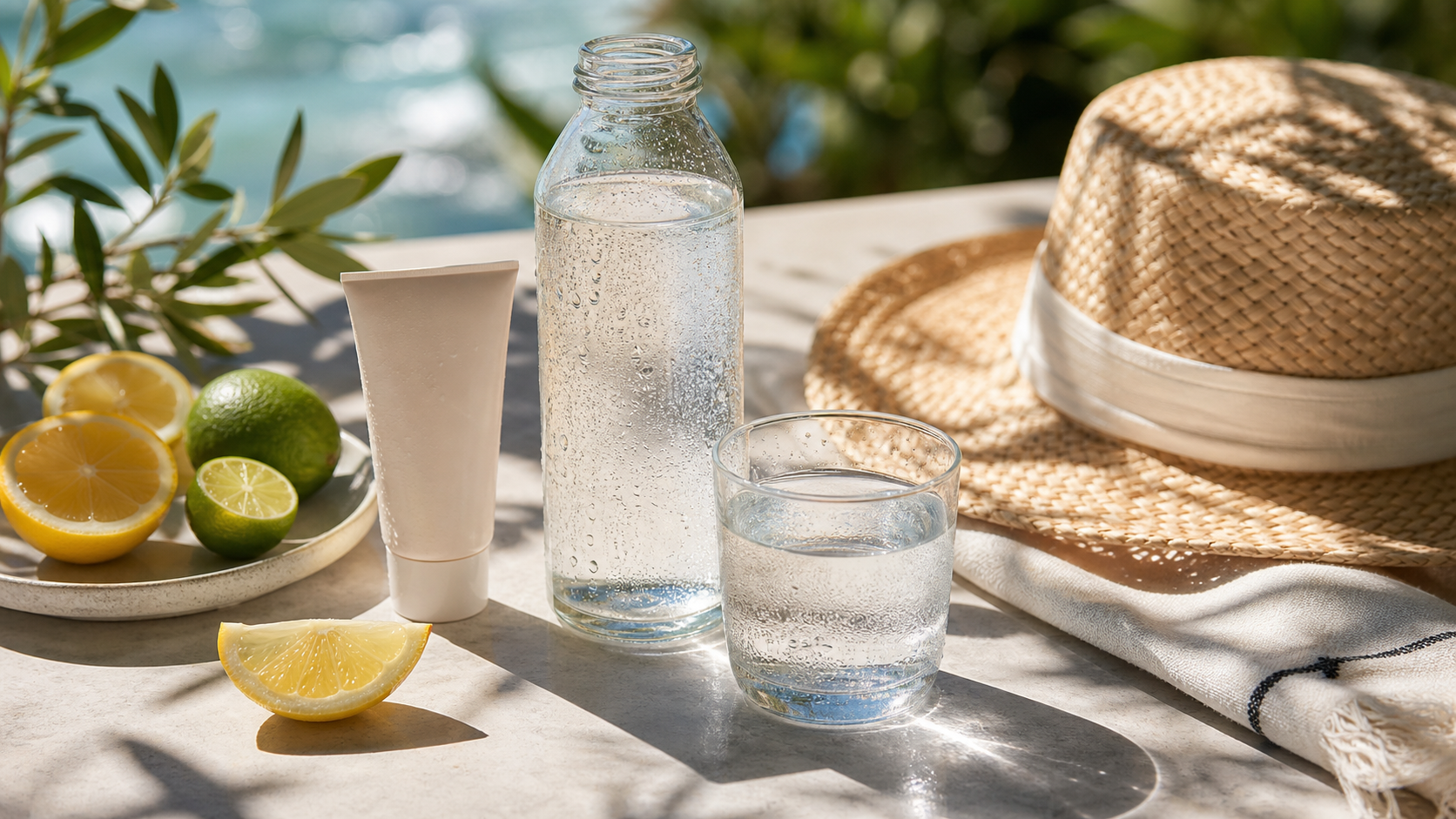 Caldo sole e liquidi del corpo con acqua e idratazione estiva